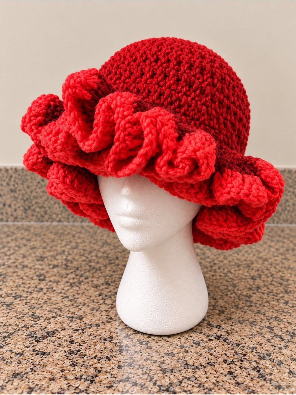Handmade Red Crochet Ruffle Bucket Hat